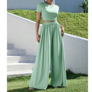 Solid Short Sleeve Crop Top Wide leg Pants Set